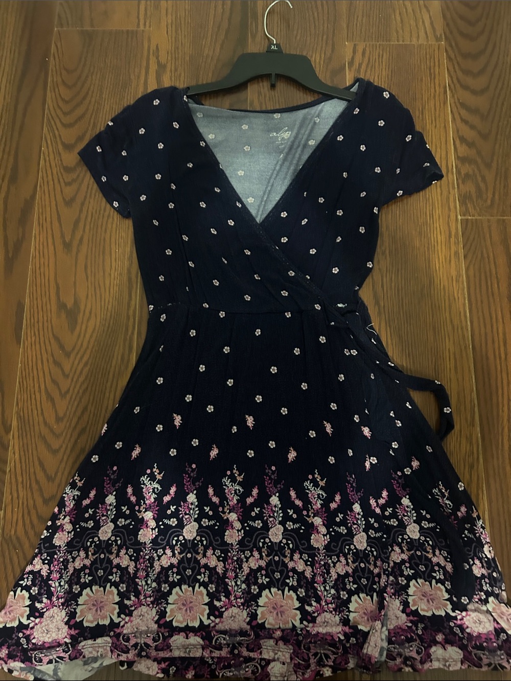 Floral Border Navy Wrap Midi Dress with Pink Accents